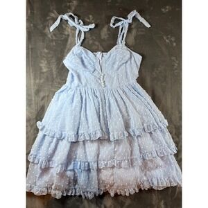 SHEIN MOD Baby Blue Swiss Dot Ruffle Tiered Mini Dress Tie Straps fairy